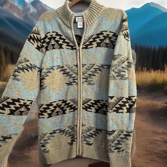 Wrangler Sweater Medium Mens Aztec Southwestern Full Zip Cardigan Western Ranch - Picture 2 of 4